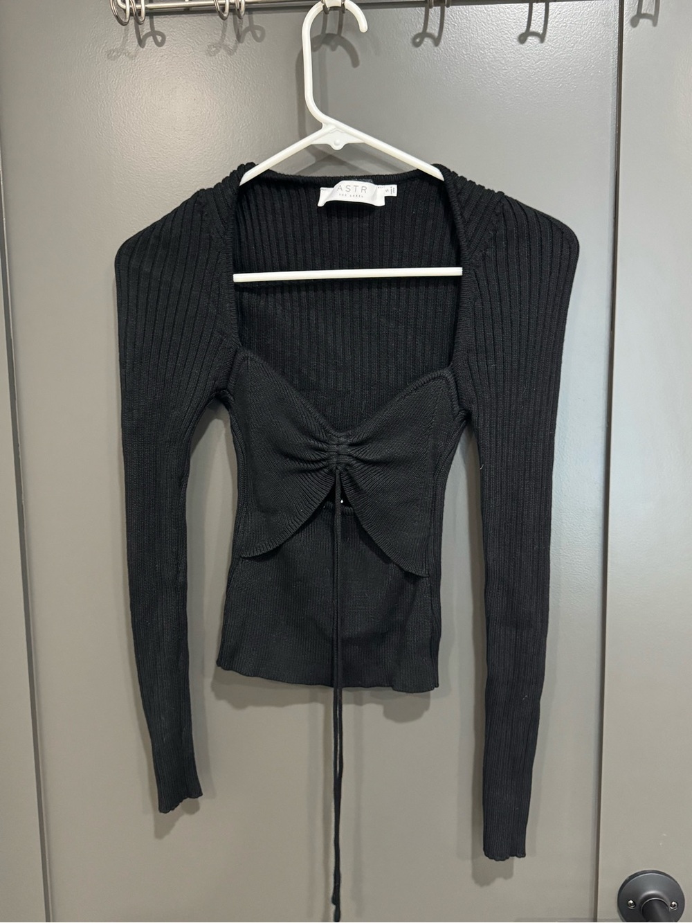 Astr Black Ribbed Drawstring Long-Sleeve Top